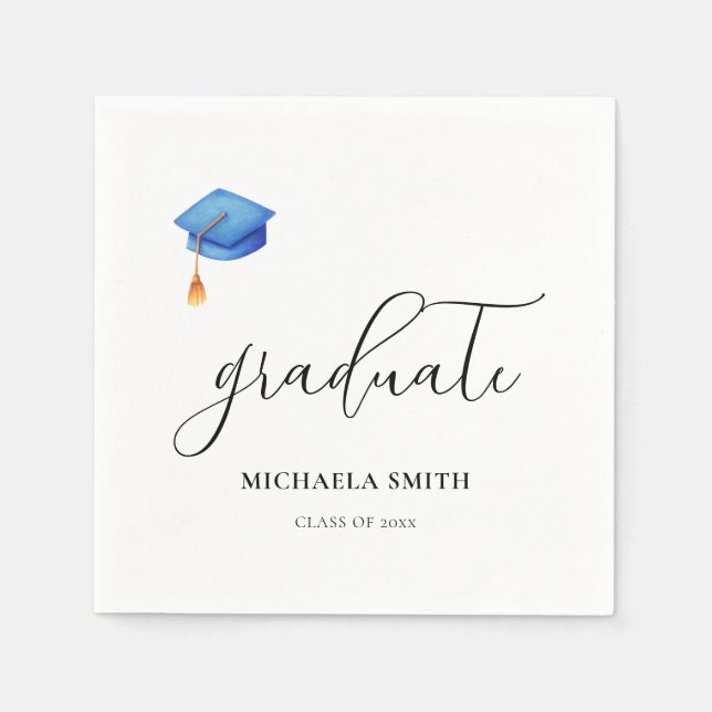 Elegant Script Blue Graduate Cap Graduation Party Napkin (Front)