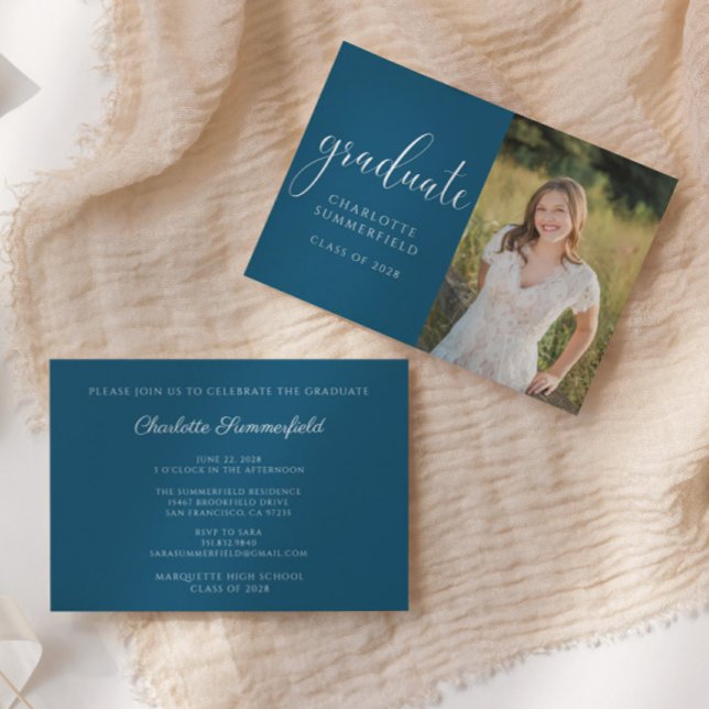 Elegant Script Blue Graduation Photo Invitation (Creator Uploaded)