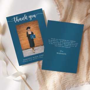 Elegant Script Blue Graduation Photo Thank You Card