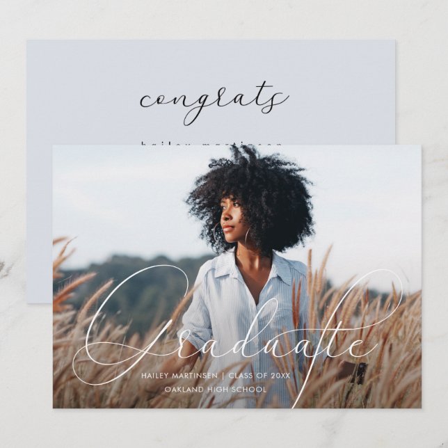 Elegant Script Blue Grey Photo Graduation Party Invitation (Front/Back)