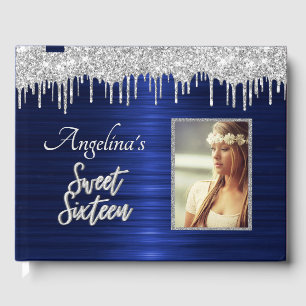 Elegant Script Blue Metallic Silver Glitter Guest Book