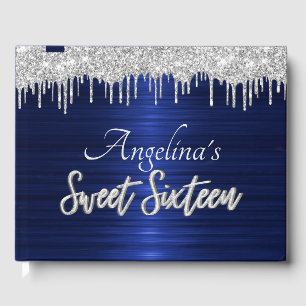 Elegant Script Blue Metallic Silver Glitter Guest  Guest Book