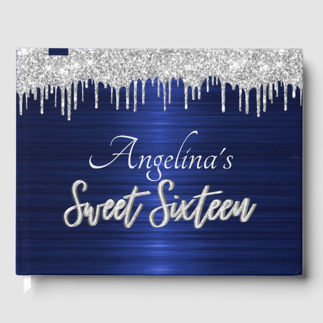 Elegant Script Blue Metallic Silver Glitter Guest  Guest Book (Front)