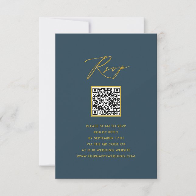 Elegant Script Blue Minimalist QR Wedding RSVP Card (Front)