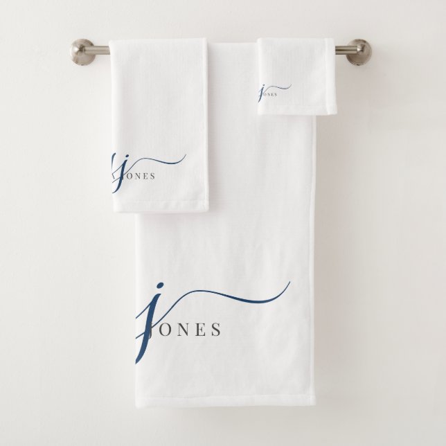 Elegant Script Blue Monogram Initials Name  Bath Towel Set (Insitu)