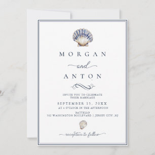 Elegant Script Blue Nautical Wedding  Invitation