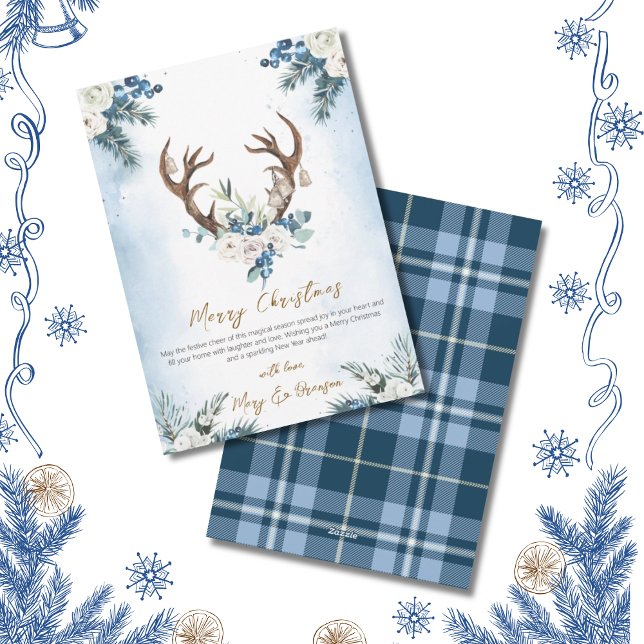 Elegant Script Blue Non Photo Watercolor Reindeer Holiday Card (Farmhouse Reindeer Blue Floral Christmas Card)