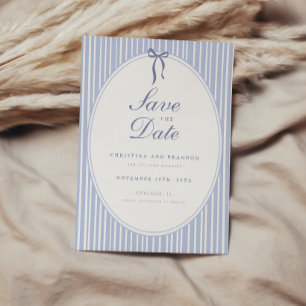 Elegant Script Blue Oval Frame Striped Wedding Save The Date