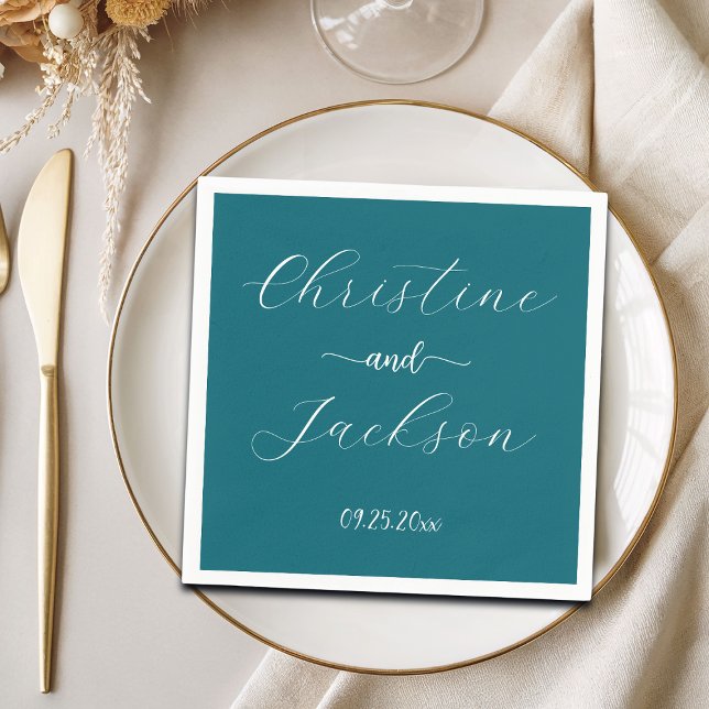 Elegant Script Blue Teal Wedding Napkin (Creator Uploaded)