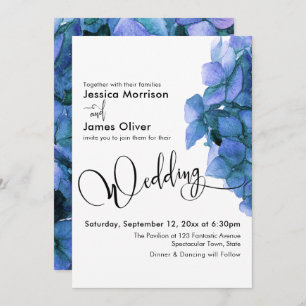 Elegant Script Blue Watercolor Hydrangea Wedding Invitation