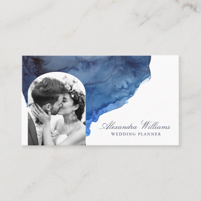 Elegant Script Blue Watercolor Photo Professional Business Card (Front)