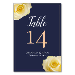 Elegant Script Blue Yellow Rose Floral Wedding Table Number