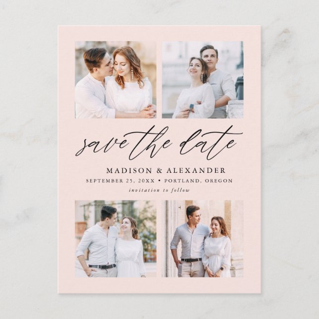 Elegant Script Blush 4 Photo Collage Save The Date Announcement Postcard (Front)