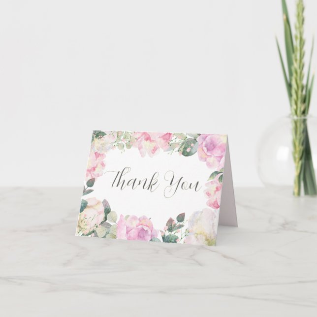 Elegant Script Blush Floral Wedding Thank You Card (Front)
