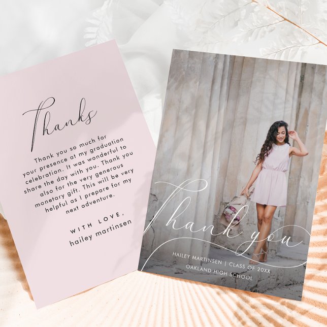 Elegant Script Blush Graduation Thank You Photo Card (Creator Uploaded)