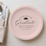 Elegant Script Blush Pink Cheers to the Graduate Paper Plate<br><div class="desc">Elegant graduation paper plates featuring a graduation cap with the phrase "Cheers to the Graduate" in a black calligraphy script on a blush pink background. Personalize the modern graduation paper plates with the graduate's name, school name, and graduation year. The simple graduation plates are perfect to use for your high...</div>