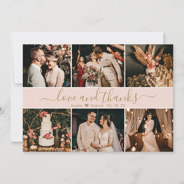 Elegant Script Blush Pink Gold 6 Photo Collage Thank You Card (Front)