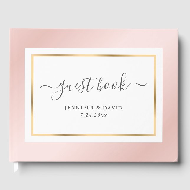Elegant Script Blush Pink Gold Wedding Guest Book (Front)