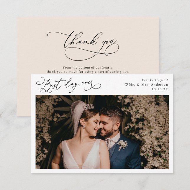 Elegant Script Boho Neutral Blush Wedding Photo Thank You Card (Front/Back)