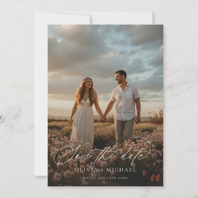Elegant Script Boho Wedding Photo Save The Date (Front)