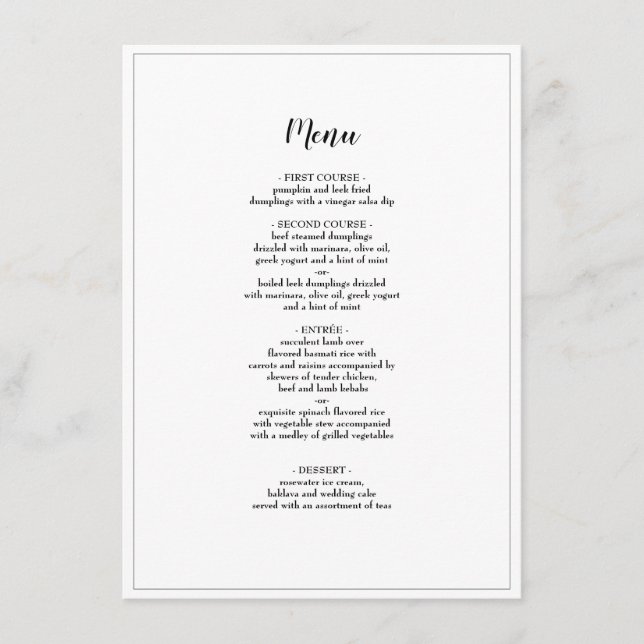 Élégant Script Borders Mariage Dîner Menu (Devant)