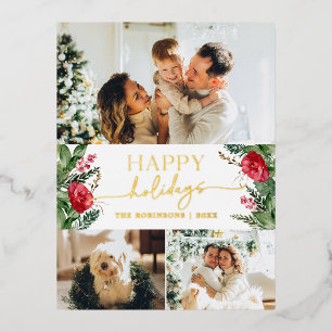 Elegant Script Botanical Floral 3 Photo Gold Foil Holiday Postcard