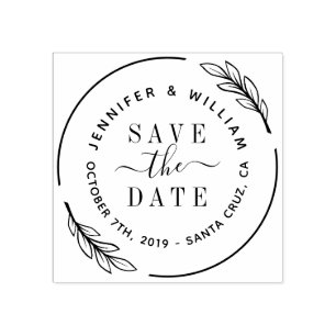 Elegant Script & Botanical Wreath Save The Date Rubber Stamp