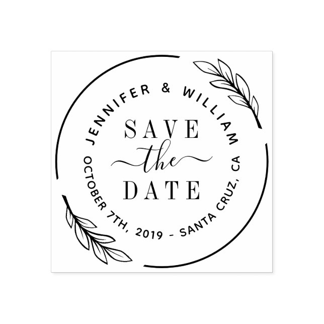 Elegant Script & Botanical Wreath Save The Date Rubber Stamp (Imprint)