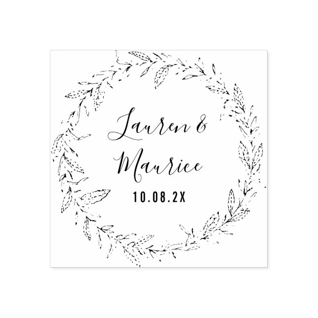 elegant script botanical wreath wedding rubber stamp (Imprint)