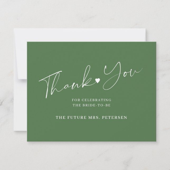 Elegant script bridal shower green thank you card (Front)