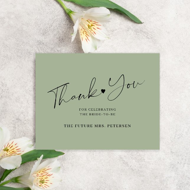 Elegant script bridal shower sage green thank you card (Creator Uploaded)