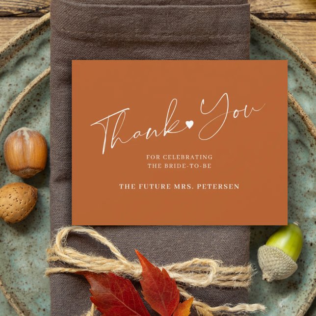 Elegant script bridal shower terracotta thank you card (Creator Uploaded)