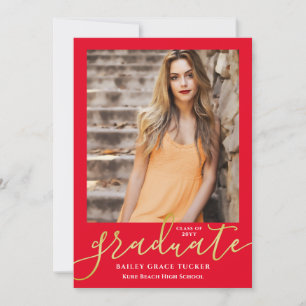Elegant Script Bright Red Gold 2-Photo Graduation Announcement