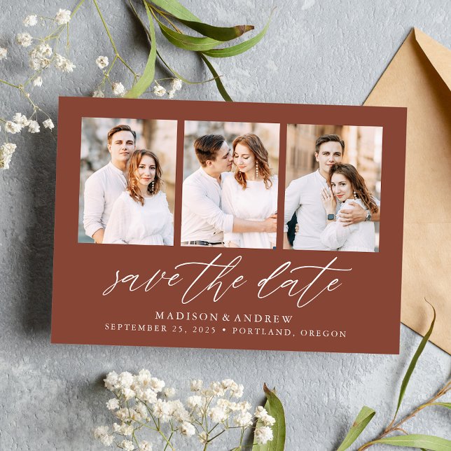 Elegant Script Brown 3 Photo Collage Save The Date (Creator Uploaded)
