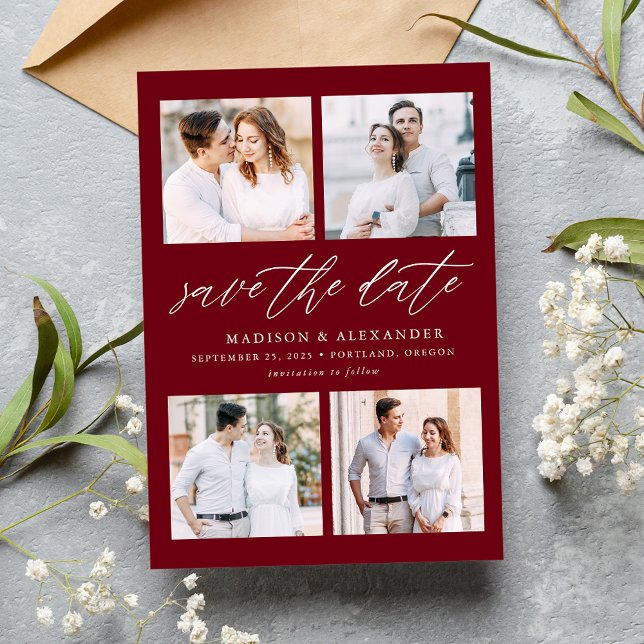 Elegant Script Burgundy 4 Photo Collage Save The Date (Creator Uploaded)