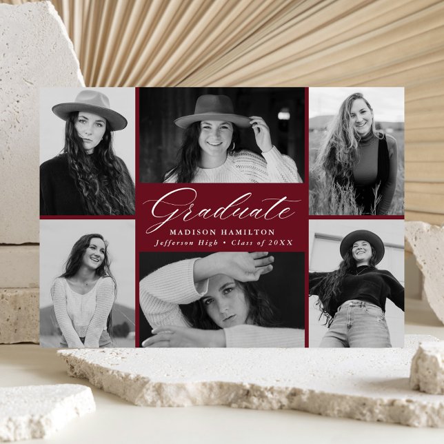 Elegant Script Burgundy 6 Photo Collage Graduation Announcement (Creator Uploaded)