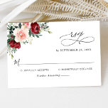 Elegant Script Burgundy Blush Floral Wedding RSVP Card<br><div class="desc">Designed to coordinate with our Romantic Blooms wedding collection,  this customizable RSVP card,  features watercolor burgundy and blush florals with greenery leaves and calligraphy script graphic text,  paired with a classy serif & modern sans font in black. Matching items available.</div>