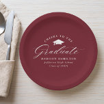Elegant Script Burgundy Cheers to the Graduate Paper Plate<br><div class="desc">Elegant graduation paper plates featuring a graduation cap with the phrase "Cheers to the Graduate" in a white calligraphy script on a burgundy background. Personalize the modern graduation paper plates with the graduate's name, school name, and graduation year. The simple graduation plates are perfect to use for your high school...</div>