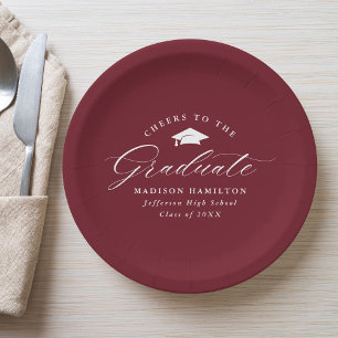Elegant Script Burgundy Cheers to the Graduate Paper Plate