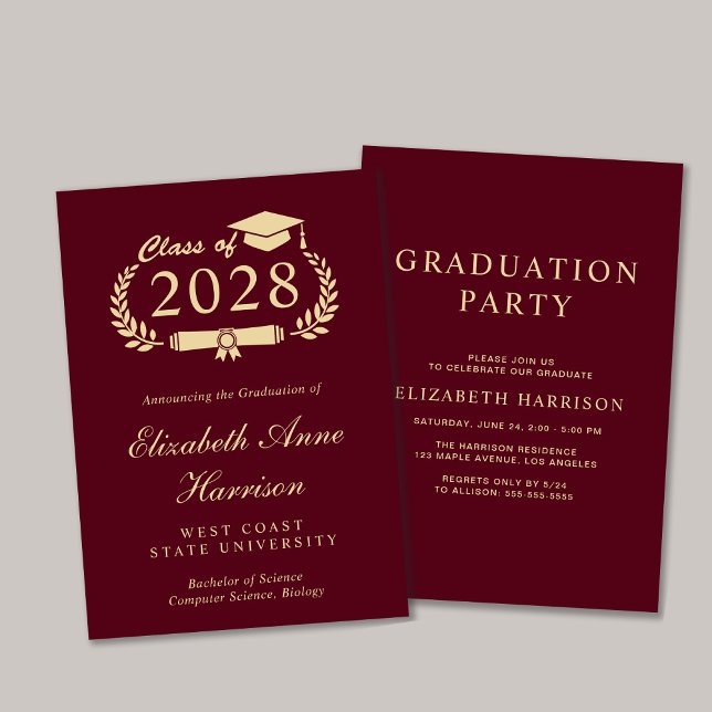 Elegant Script Burgundy College Graduation Party Invitation (An elegant college graduation party invitation to celebrate the graduate's achievements)