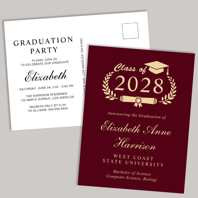 Elegant Script Burgundy College Graduation Party Invitation Postcard (Creator Uploaded)