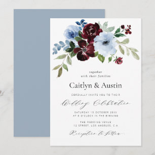 elegant script burgundy dusty blue floral wedding invitation