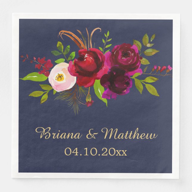 Elegant Script Burgundy Floral Navy Blue Dinner Napkin (Front)