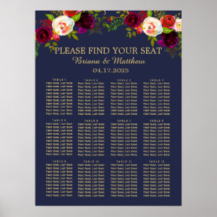 Elegant Script Burgundy Floral on Navy Blue Poster