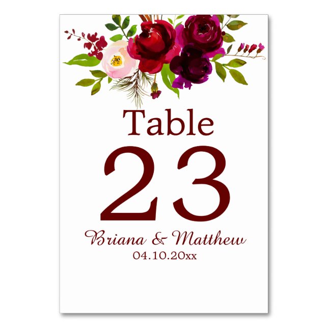 Elegant Script Burgundy Floral Table Number (Front)