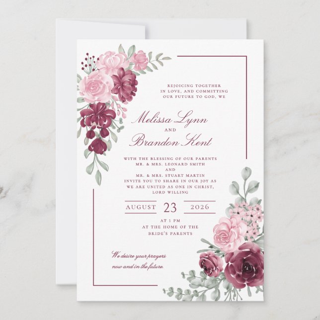 Elegant Script Burgundy Floral Watercolor Wedding Invitation (Front)