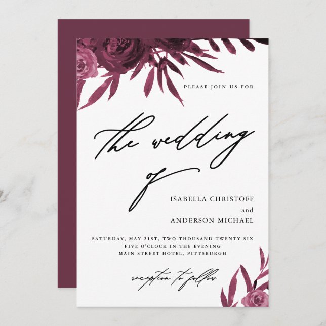 Elegant Script Burgundy Floral Wedding Invitation (Front/Back)