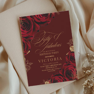 Elegant Script Burgundy Gold Rose 50th Birthday Invitation