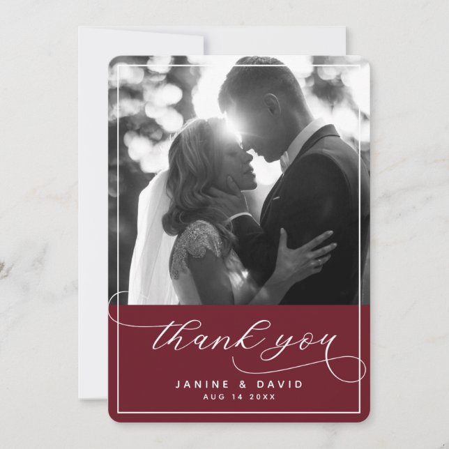 Elegant Script Burgundy Modern Wedding Photo Thank You Card (Front)