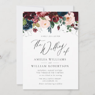 elegant script burgundy navy wedding invitation